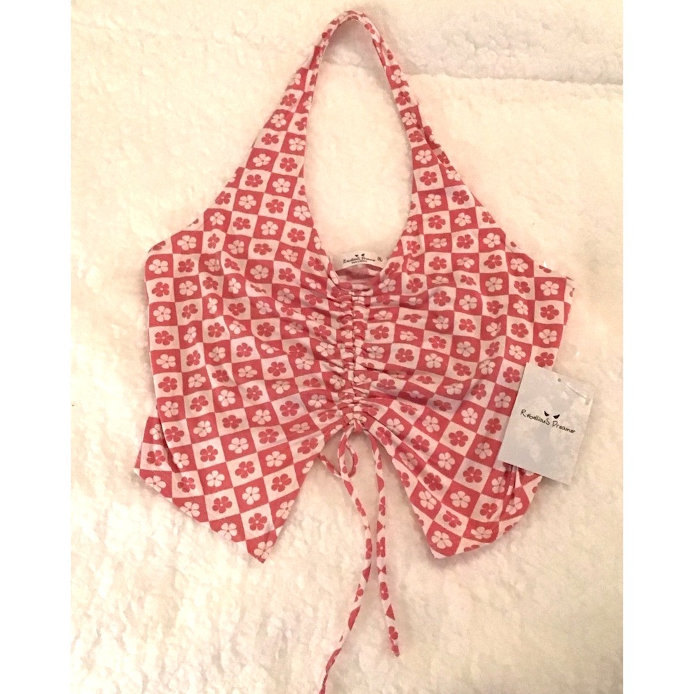 NWT Rebellious Dreamer Juniors pink/white check flower pattern Halter Top Sz XL